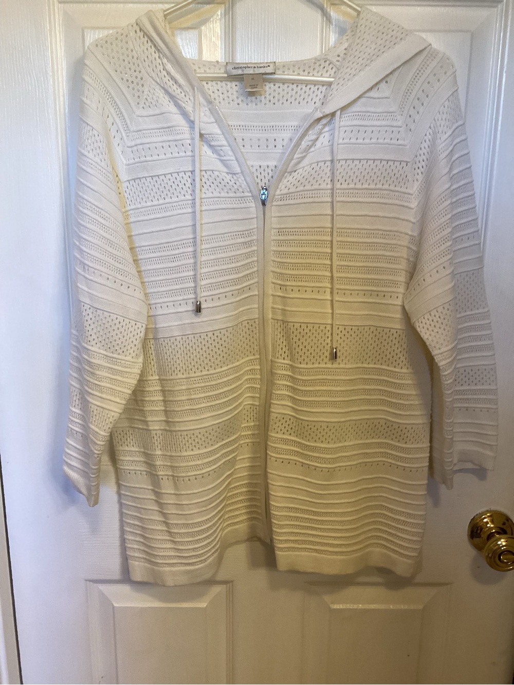 Christopher & Banks Ivory Hooded Openwork Zip Cardigan